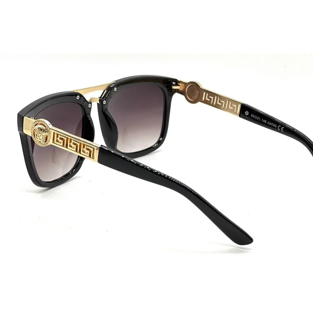 Women Sunglasses Square Gold Metal Top Bar‎ Black Lens Retro Oversized Fashion